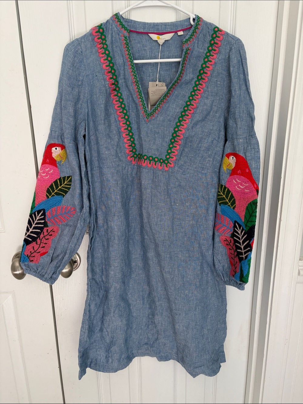 Boden Blue Chambray Dress with Pink & Green Embroidery